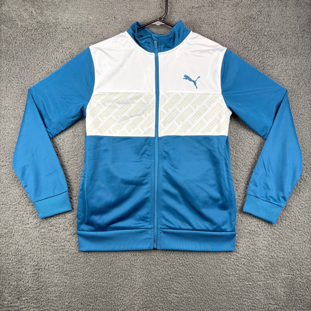 Kids Puma Track Jacket Blue White Full Zip Logo Athletic Sportswear Size L 14-16